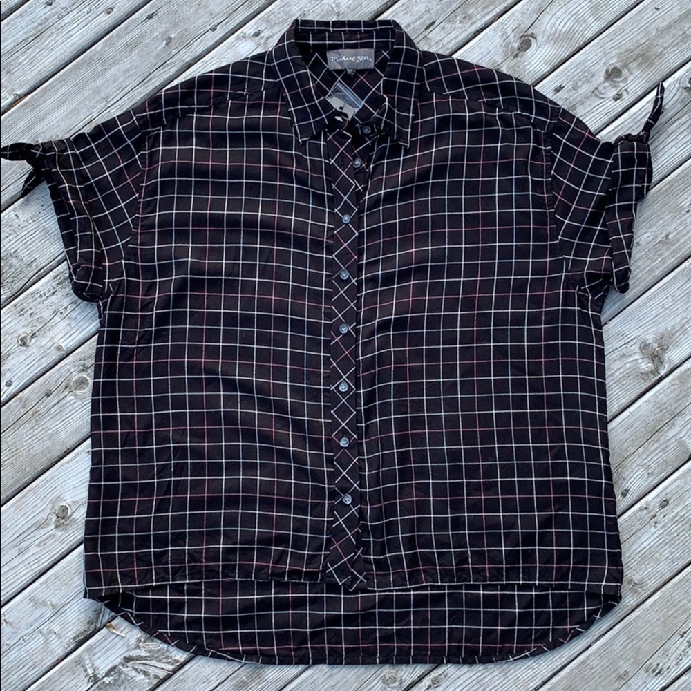 MICHAEL STARS Tie Sleeve Black Plaid Blouse